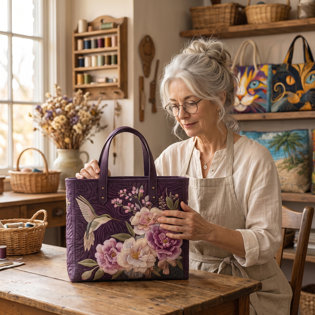 Artisanal Quilted Bag - Hummingbirds and Orchids 10