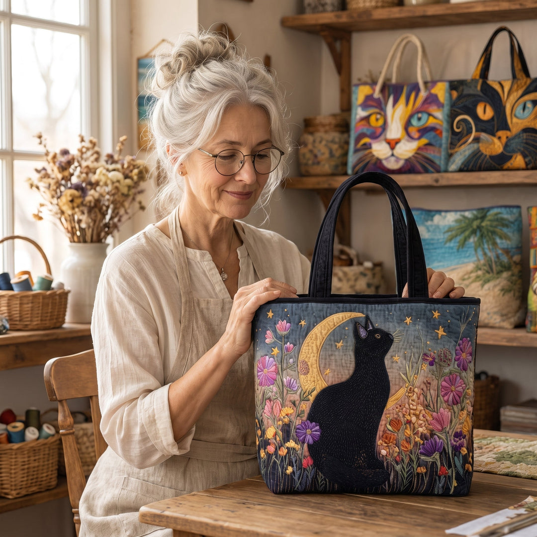 Blossom Night Cat Quilted Tote Bag 7