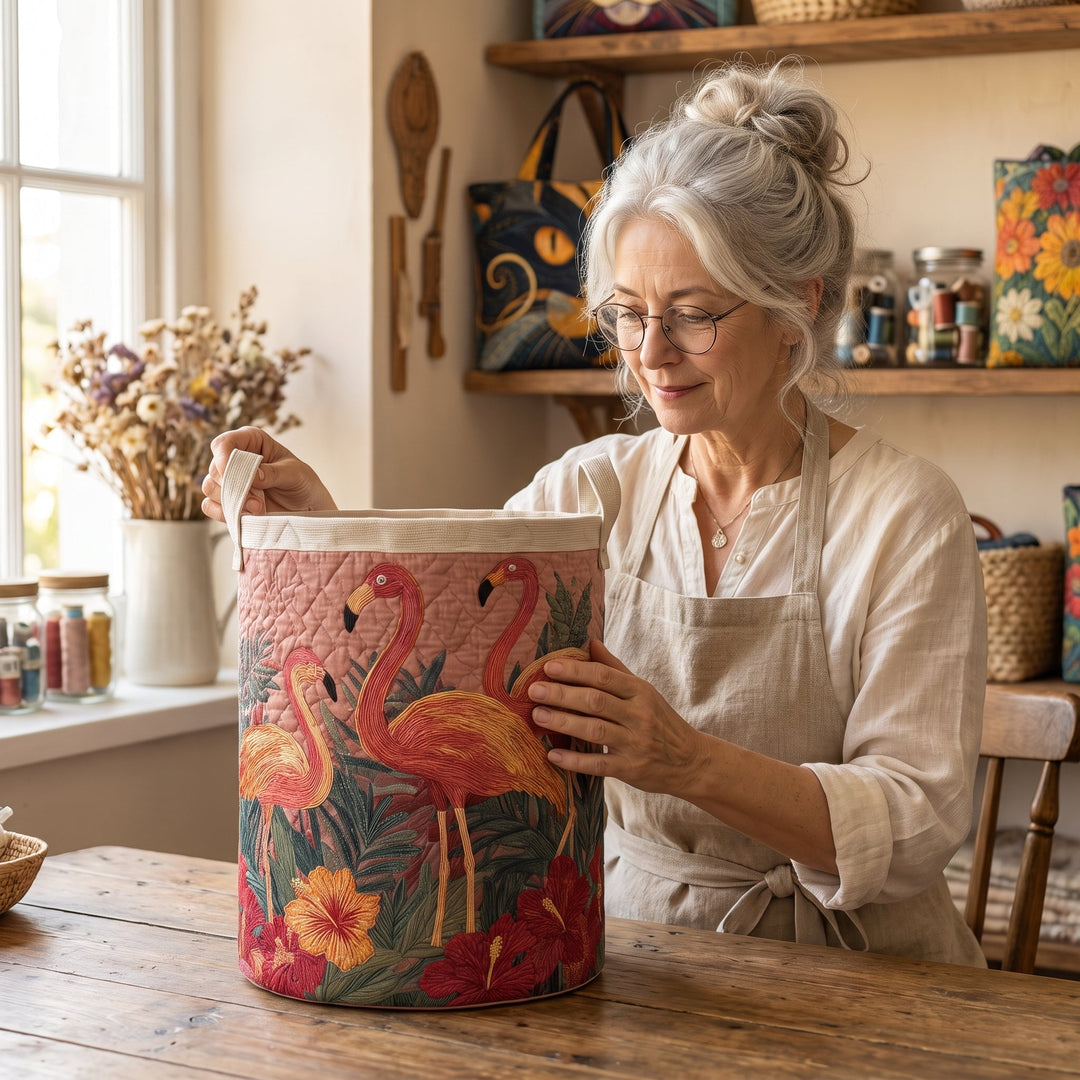 Flamingos in the Sun Quilted Laundry Basket 8