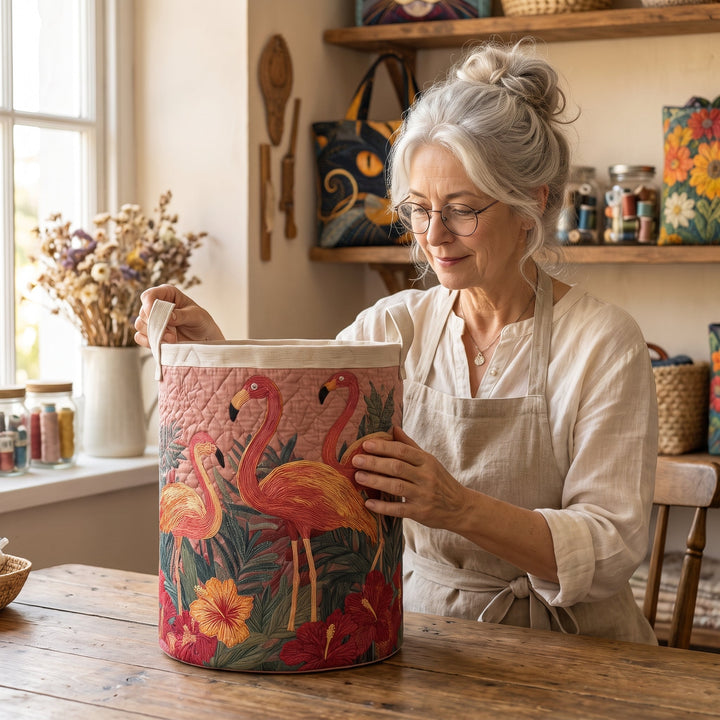 Flamingos in the Sun Quilted Laundry Basket 8
