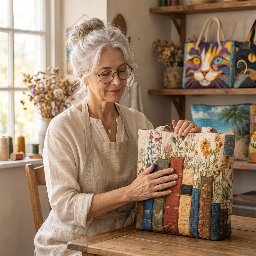 Artisan Quilted Bag - Books and Flowers 8