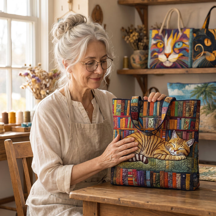 Bookish Cat Nap Quilted Tote Bag 7