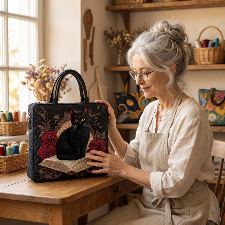 Quilted Artisan Bag - Black Cat on Books 9