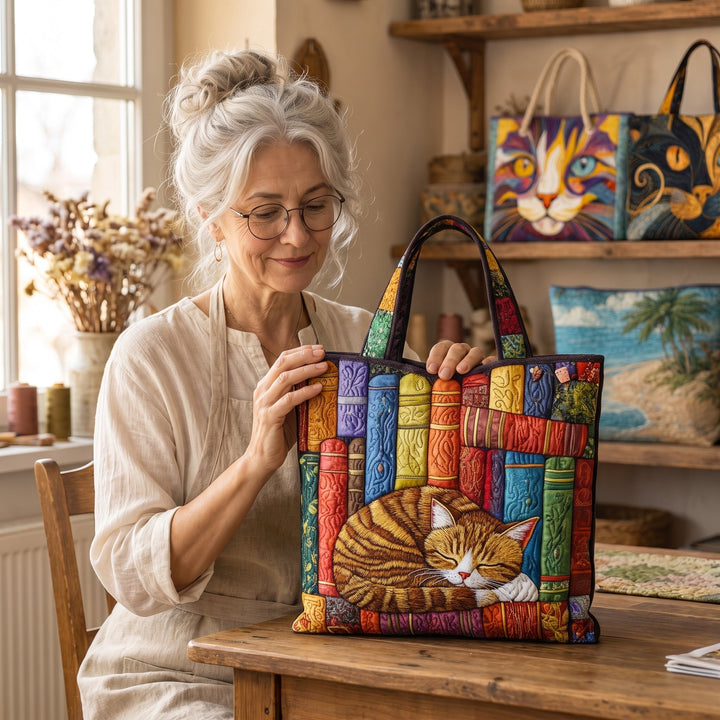 Vintage Library Cat Quilted Tote Bag 7