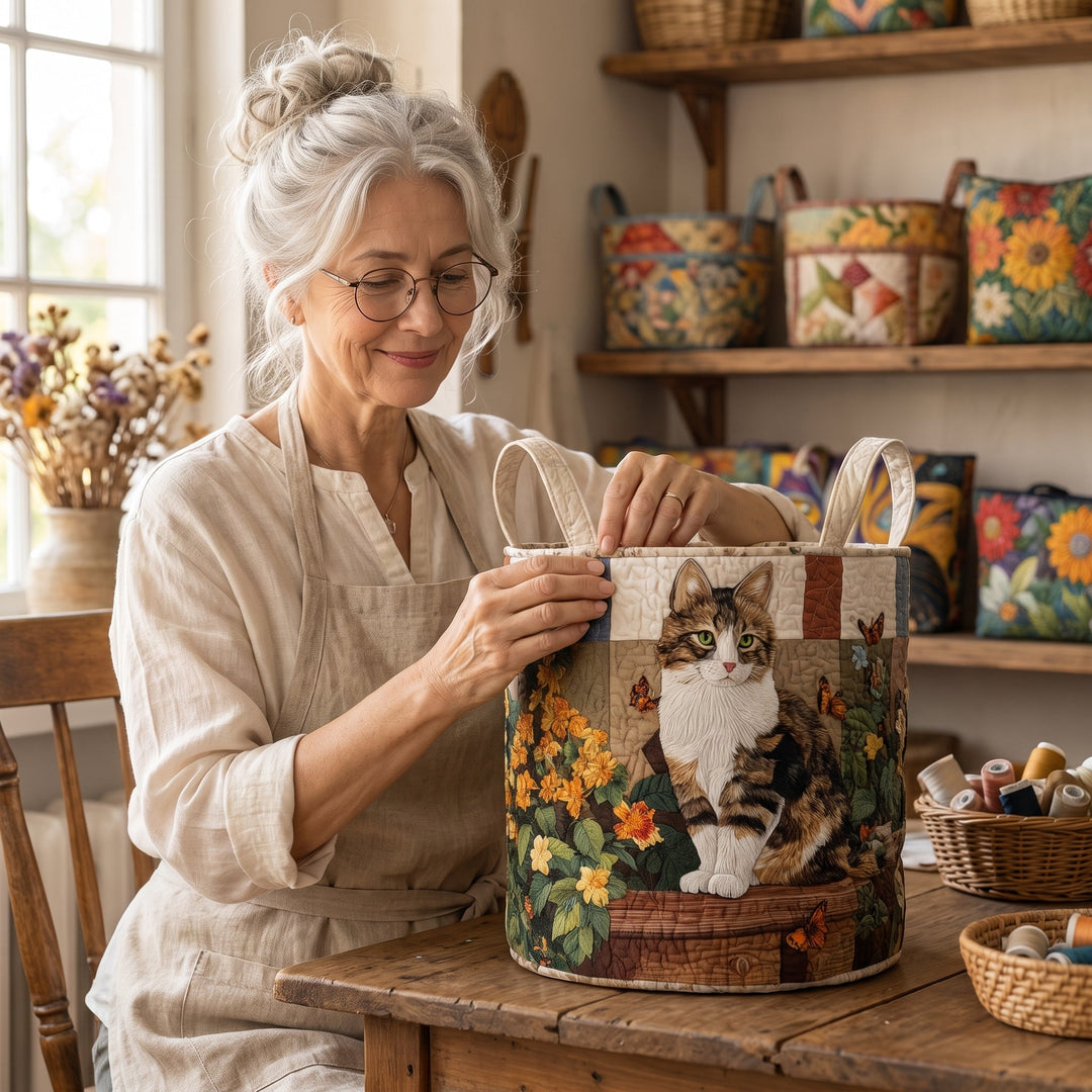 Cat Among the Petals Quilted Laundry Basket 8