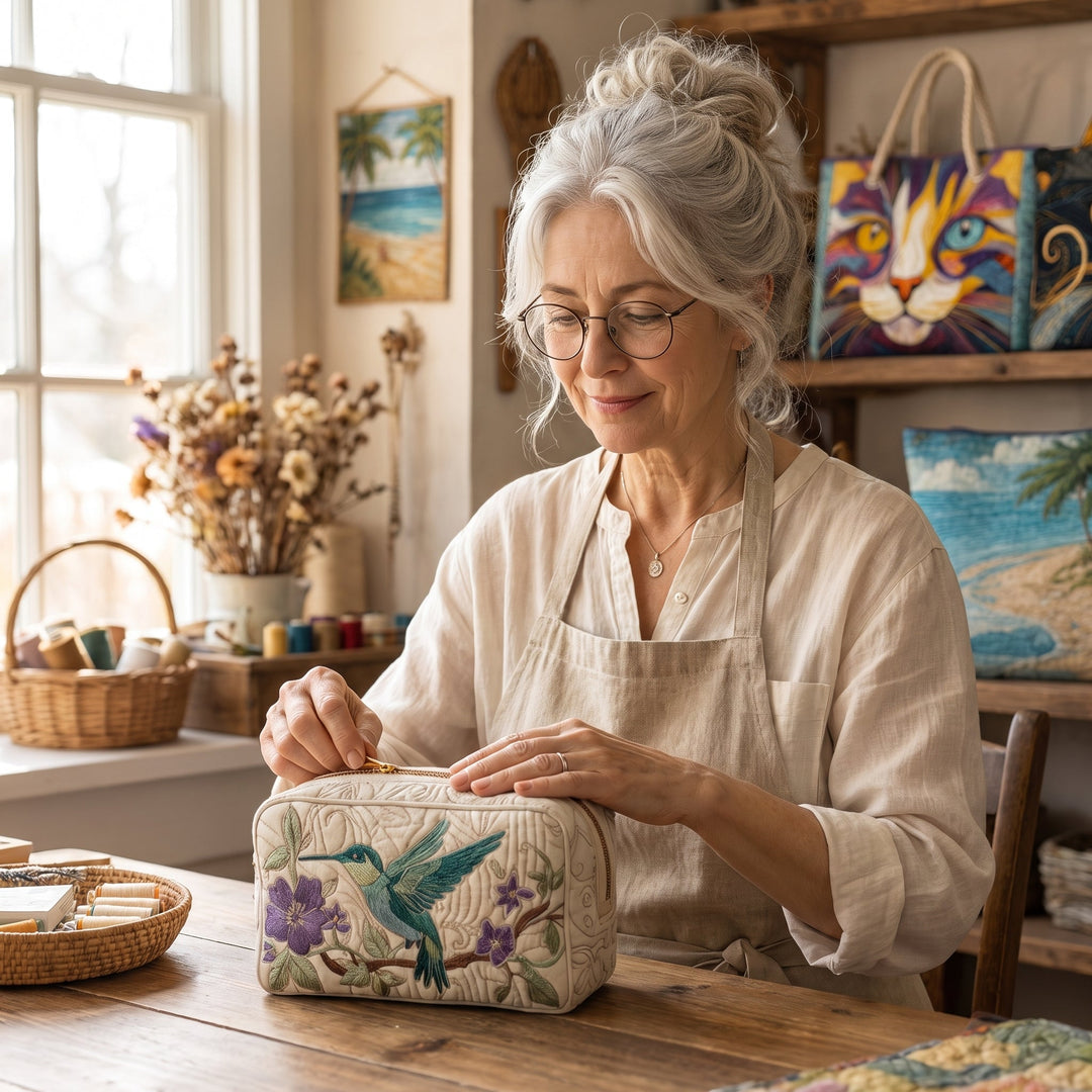 Hummingbird Bloom Quilted Makeup Bag 6