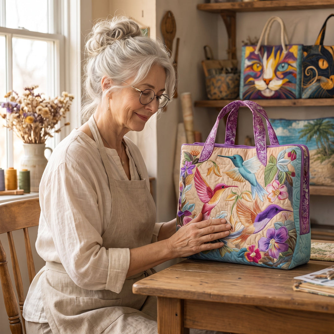 Hummingbird Flower Quilted Tote Bag 7