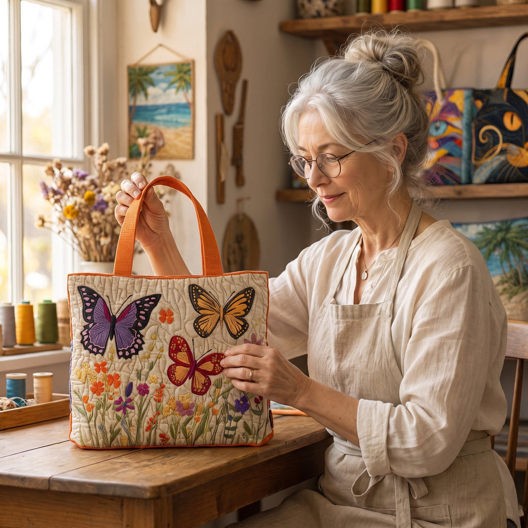 Butterfly Flower Garden Quilted Tote Bag 7