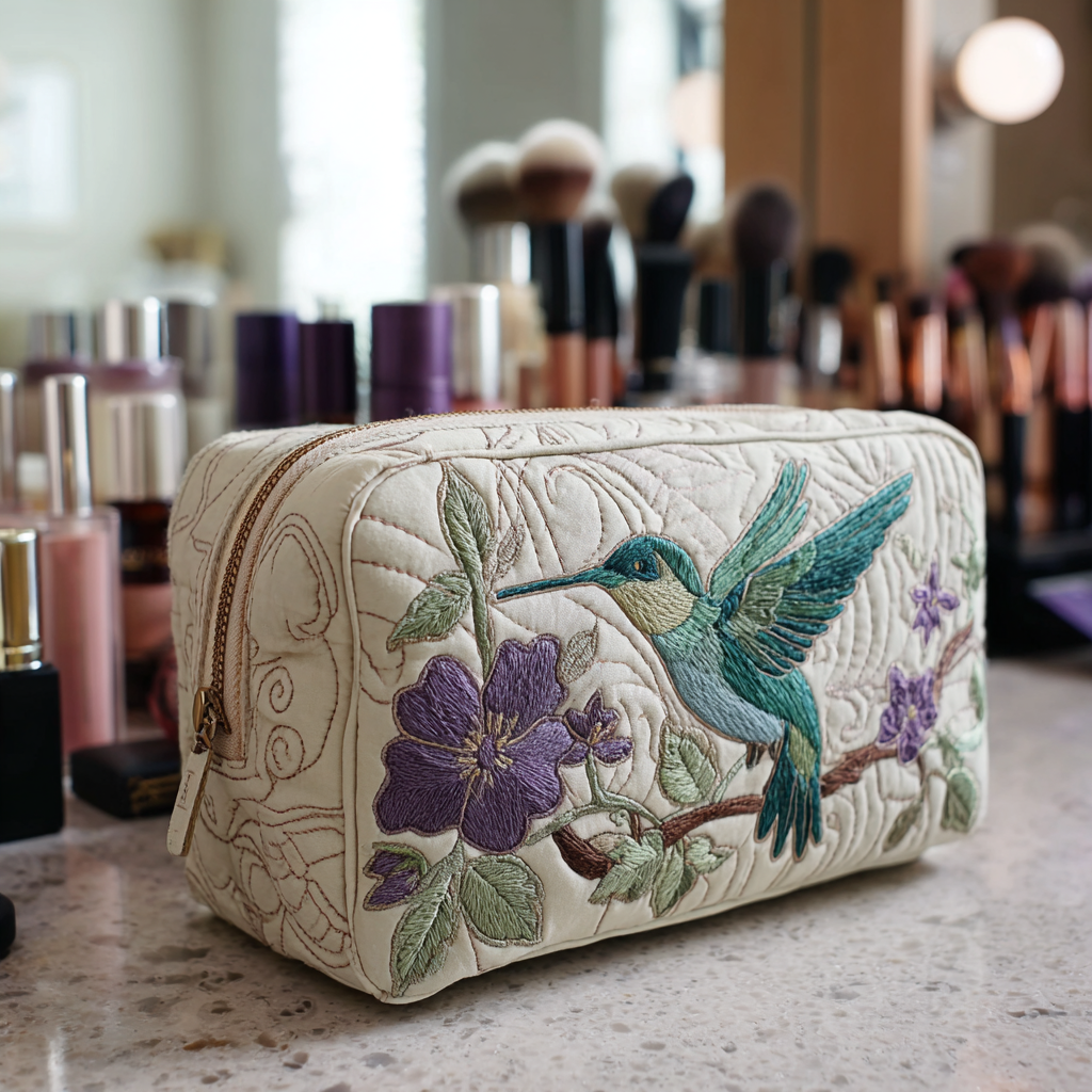 Hummingbird Bloom Quilted Makeup Bag 1