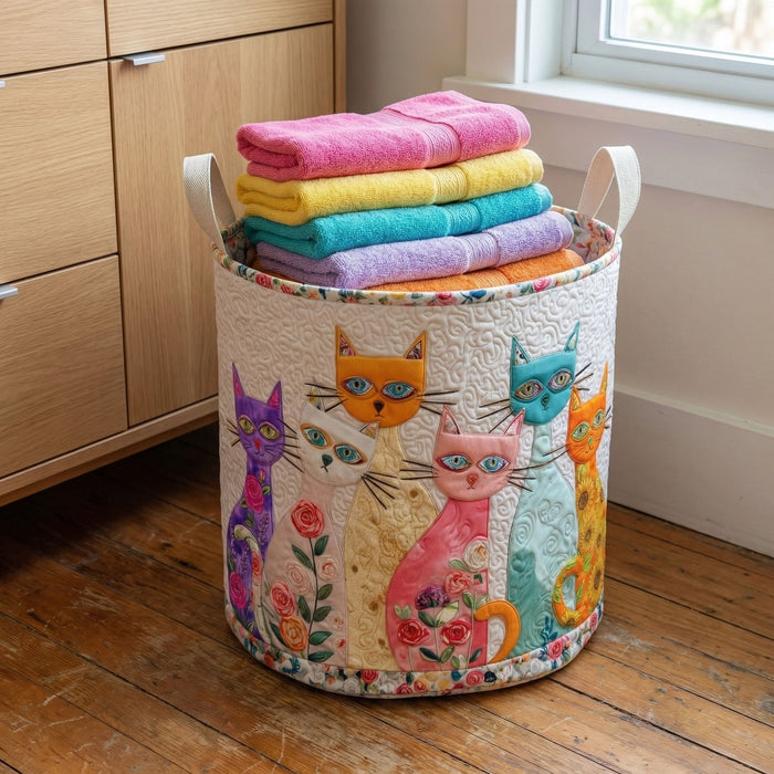 Cheerful Cat Patch Quilted Laundry Basket 1