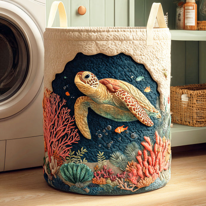 Coral Turtle Quilted Laundry Basket 1