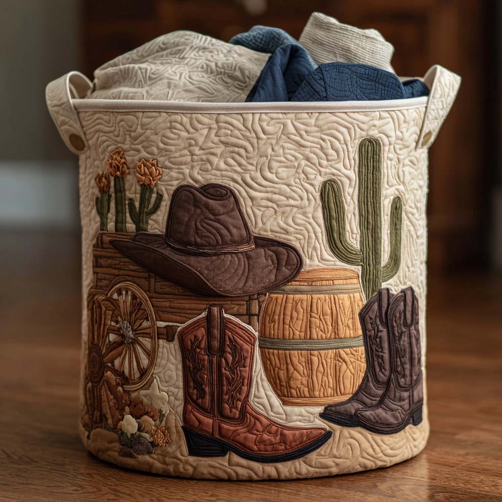 Cowboy Sunset Quilted Laundry Basket 1