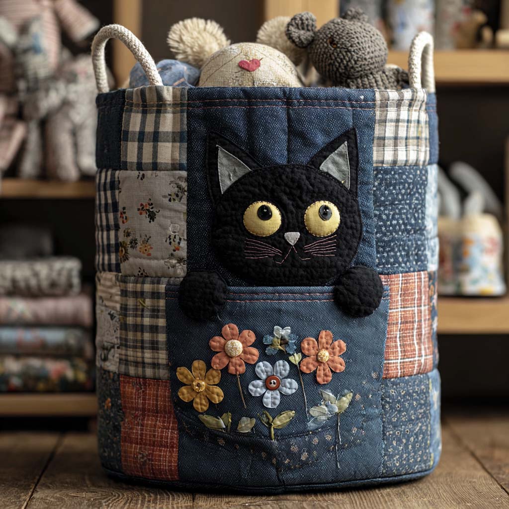 Denim Cat Quilted Laundry Basket 1