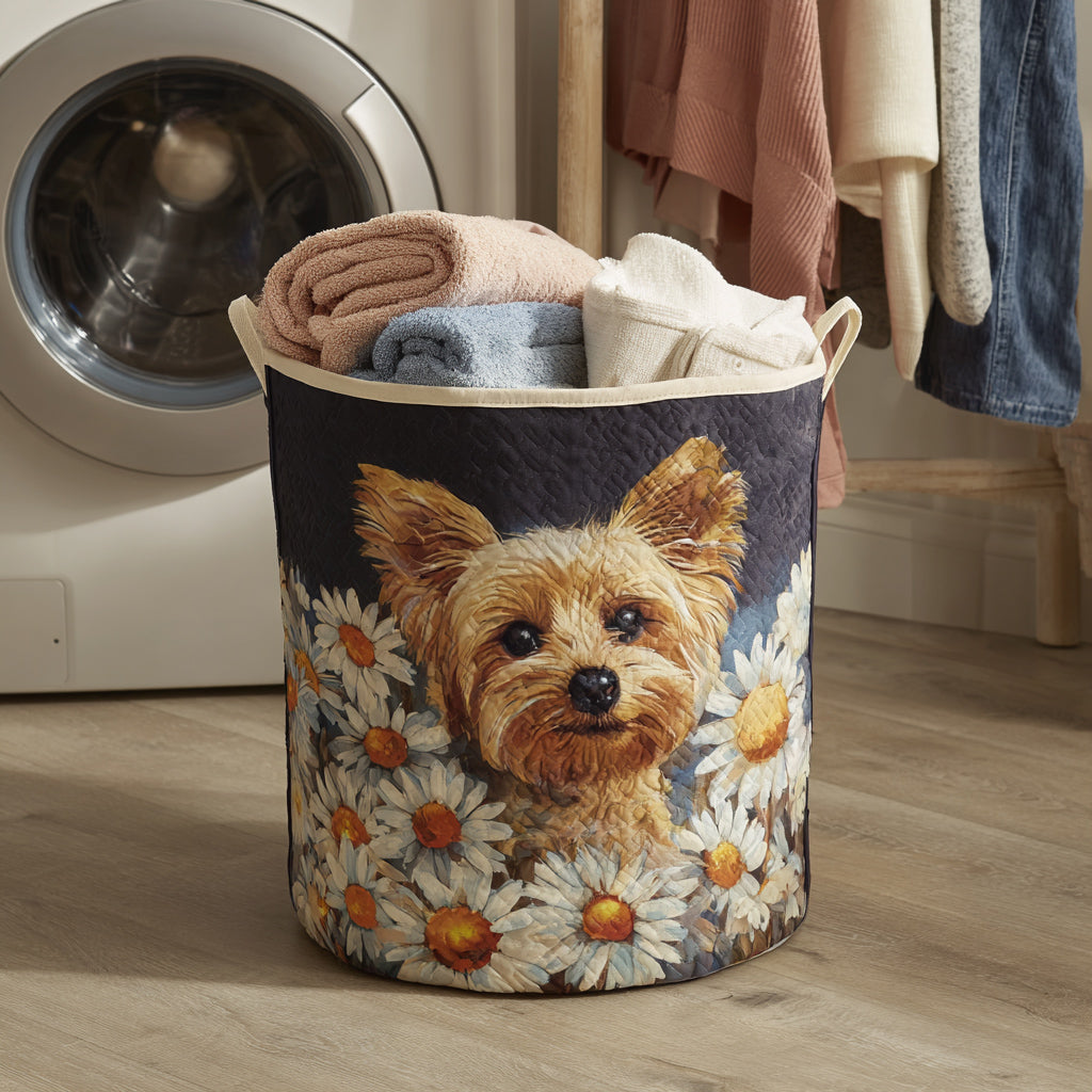 Floral Yorkie Quilted Laundry Basket 1