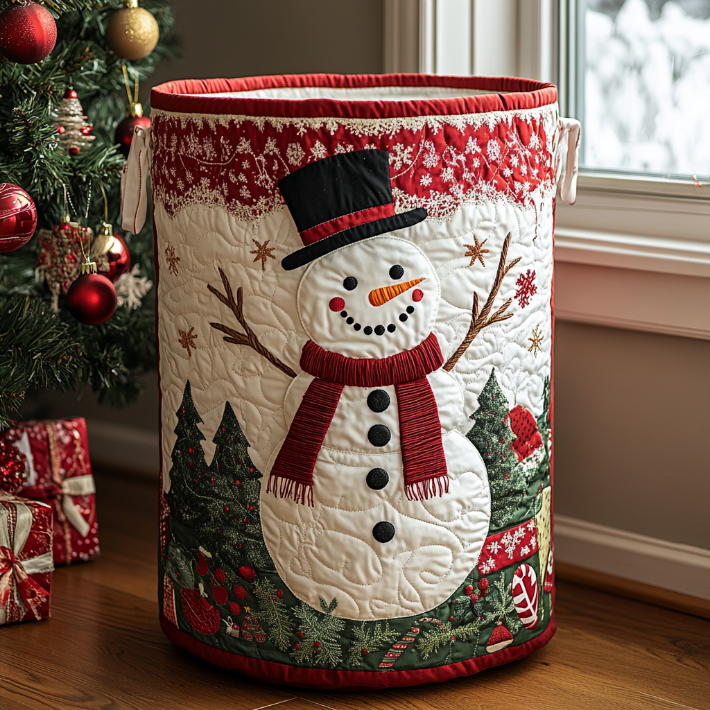 Happy Snowman Quilted Laundry Basket 1
