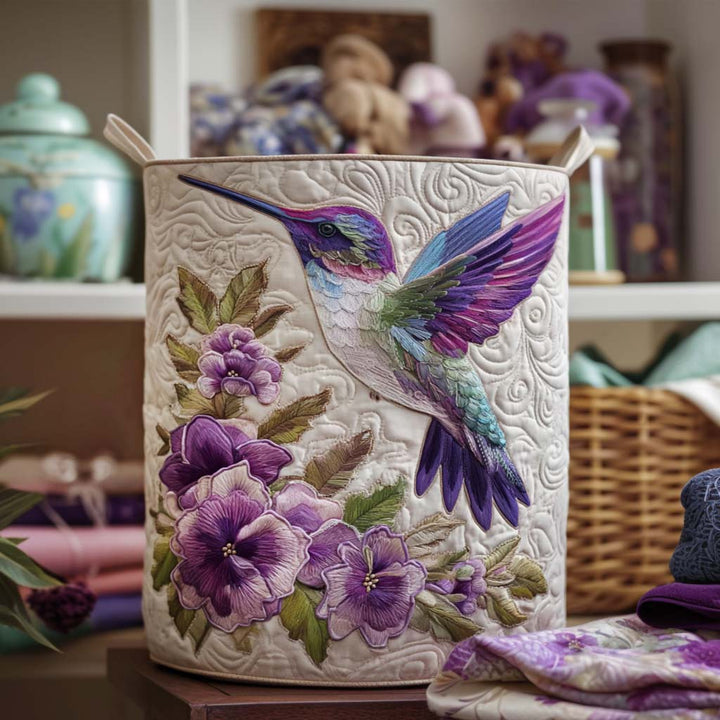 Hummingbird with Flowers Quilted Laundry Basket 1
