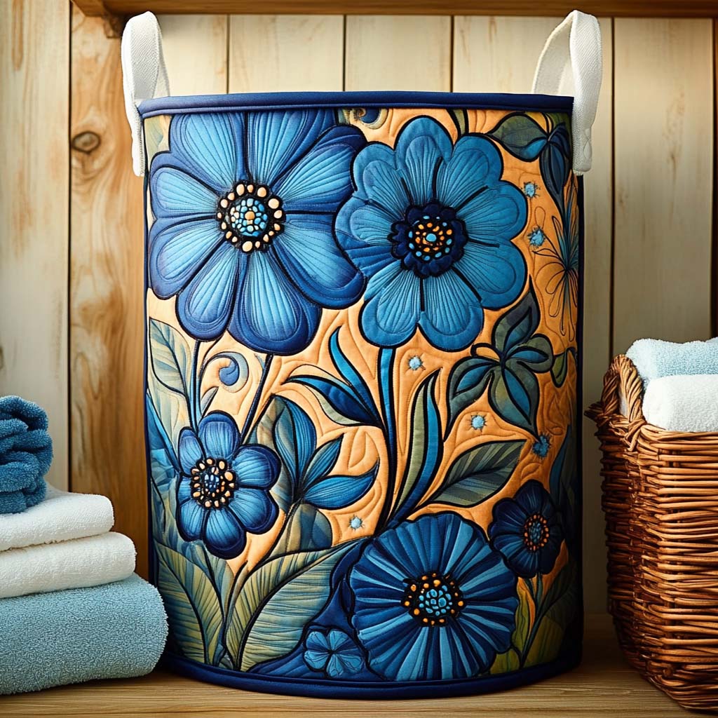 Indigo Flower Harmony Quilted Laundry Basket 1