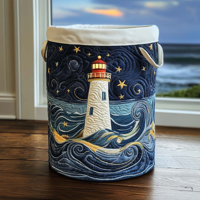 Lighthouse at Dusk Quilted Laundry Basket 1
