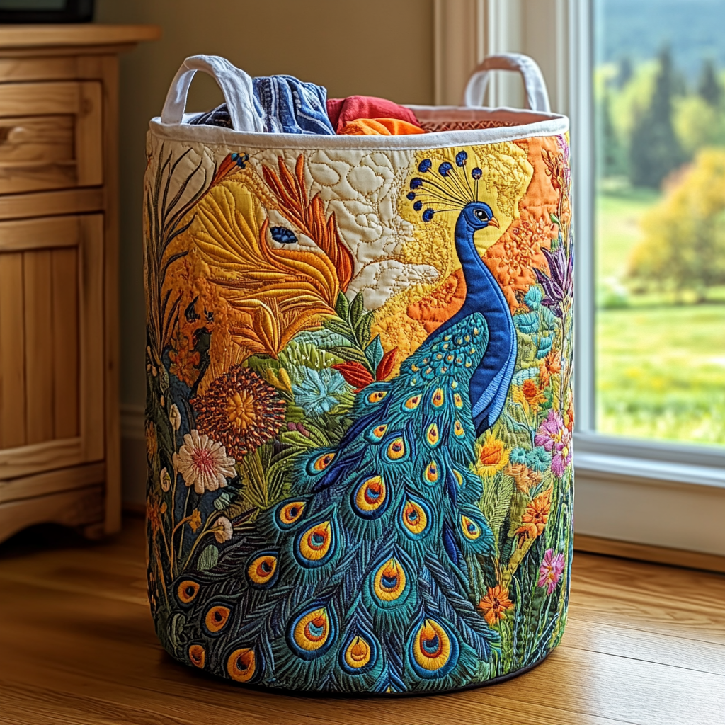 Peacock Glory Quilted Laundry Basket 1