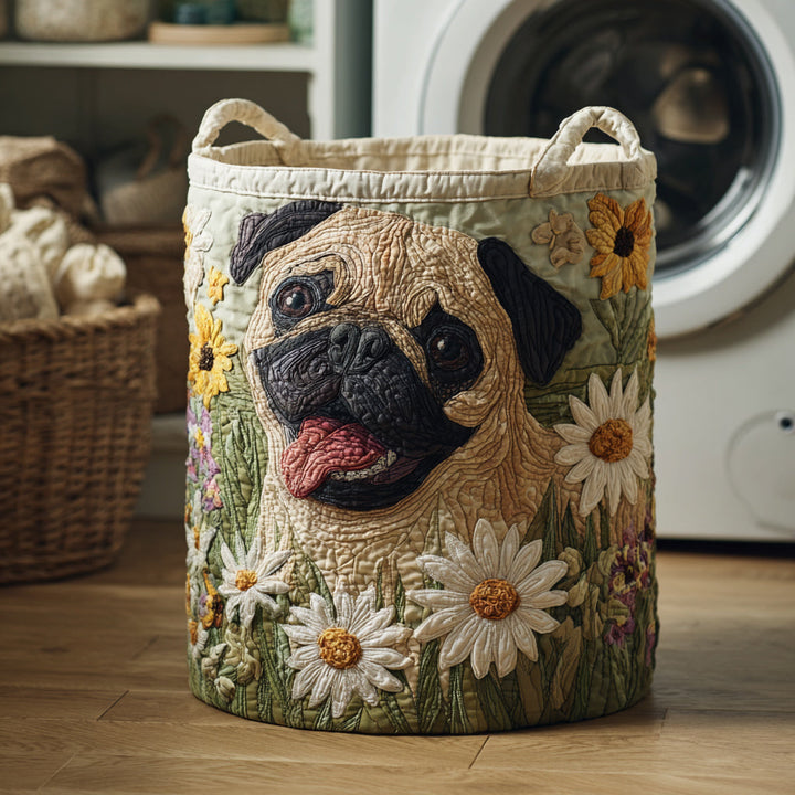 Pug Among the Daisies Quilted Laundry Basket 1