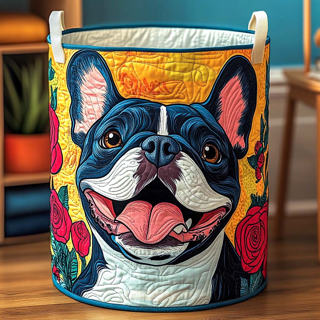 Smiling French Bulldog Quilted Laundry Basket 1