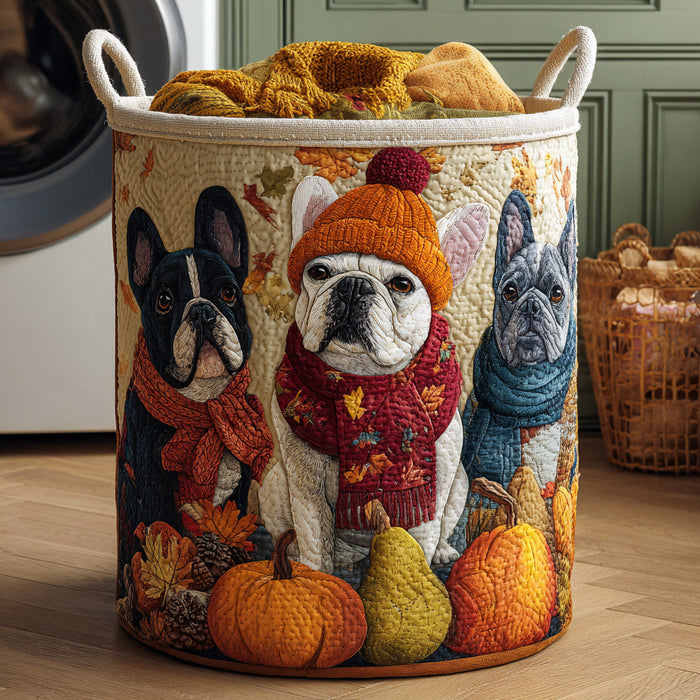 Trio of Cuddly Bulldogs Quilted Laundry Basket 1
