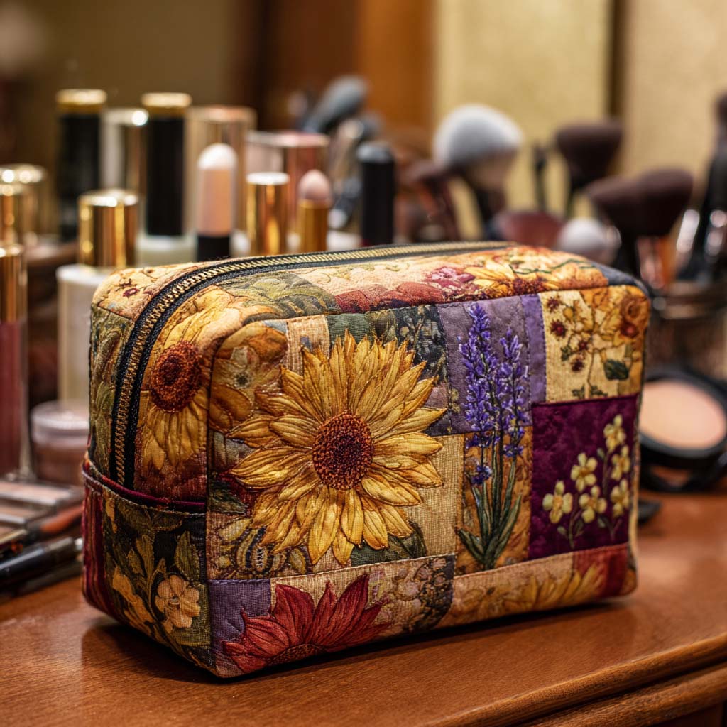 Rustic Sunflower Quilted Makeup Bag 1