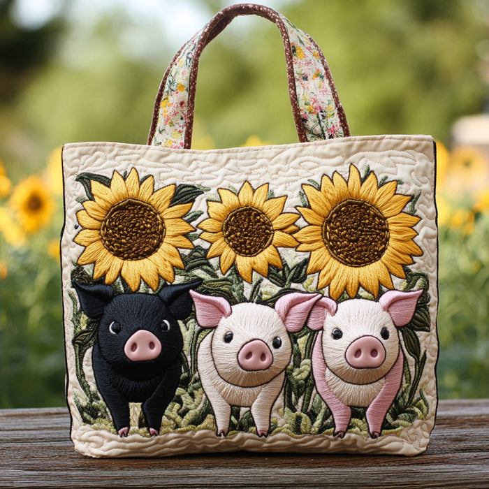 Pigs and Sunflower Quilted Tote Bag 1