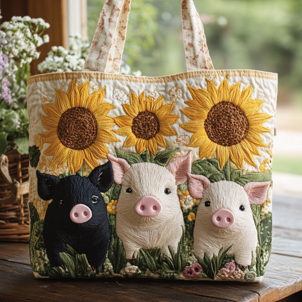 Sunflower and Pigs Quilted Tote Bag 1