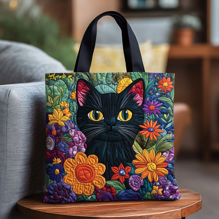 Floral Black Cat Quilted Tote Bag 1