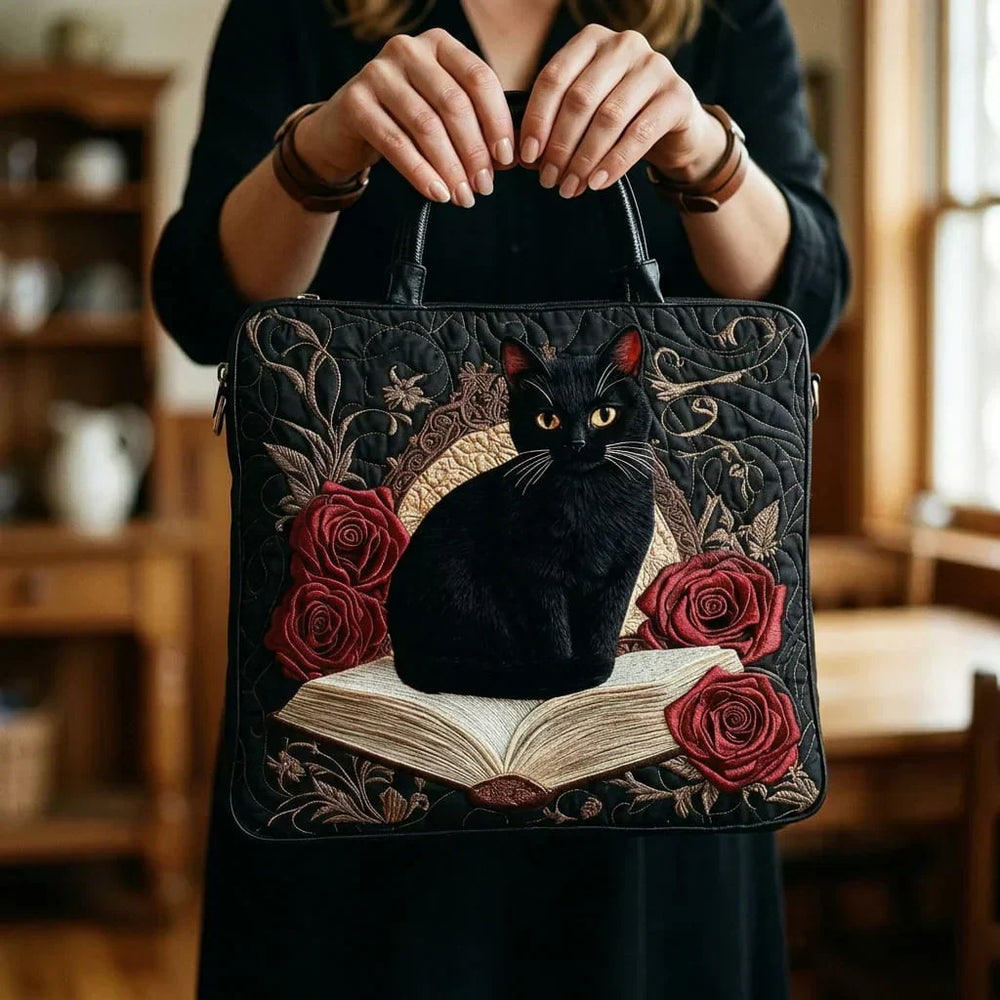 Quilted Artisan Bag - Black Cat on Books 2