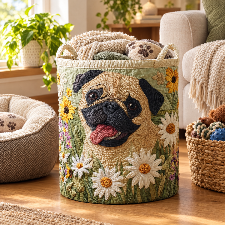 Pug Among the Daisies Quilted Laundry Basket 3