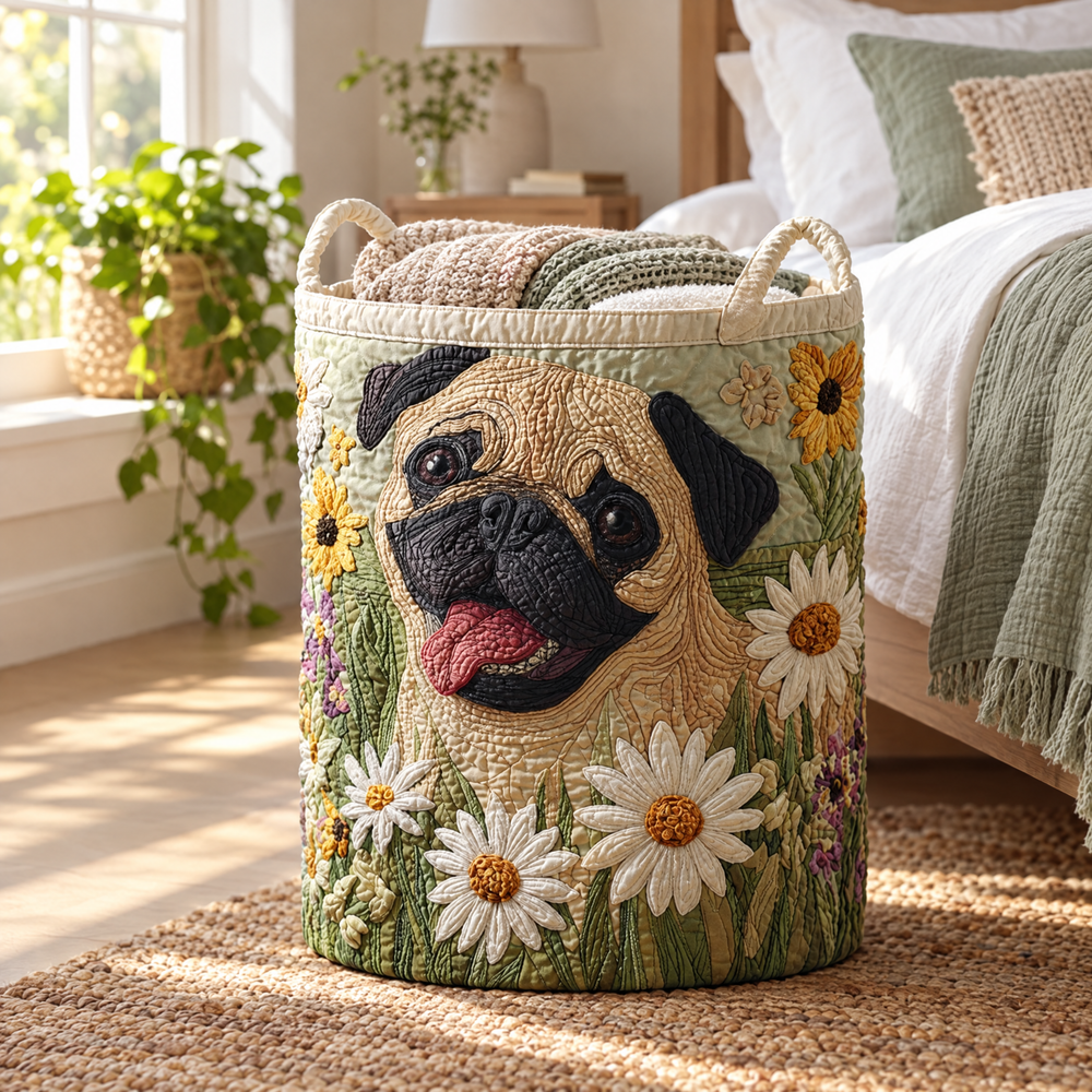 Pug Among the Daisies Quilted Laundry Basket 2