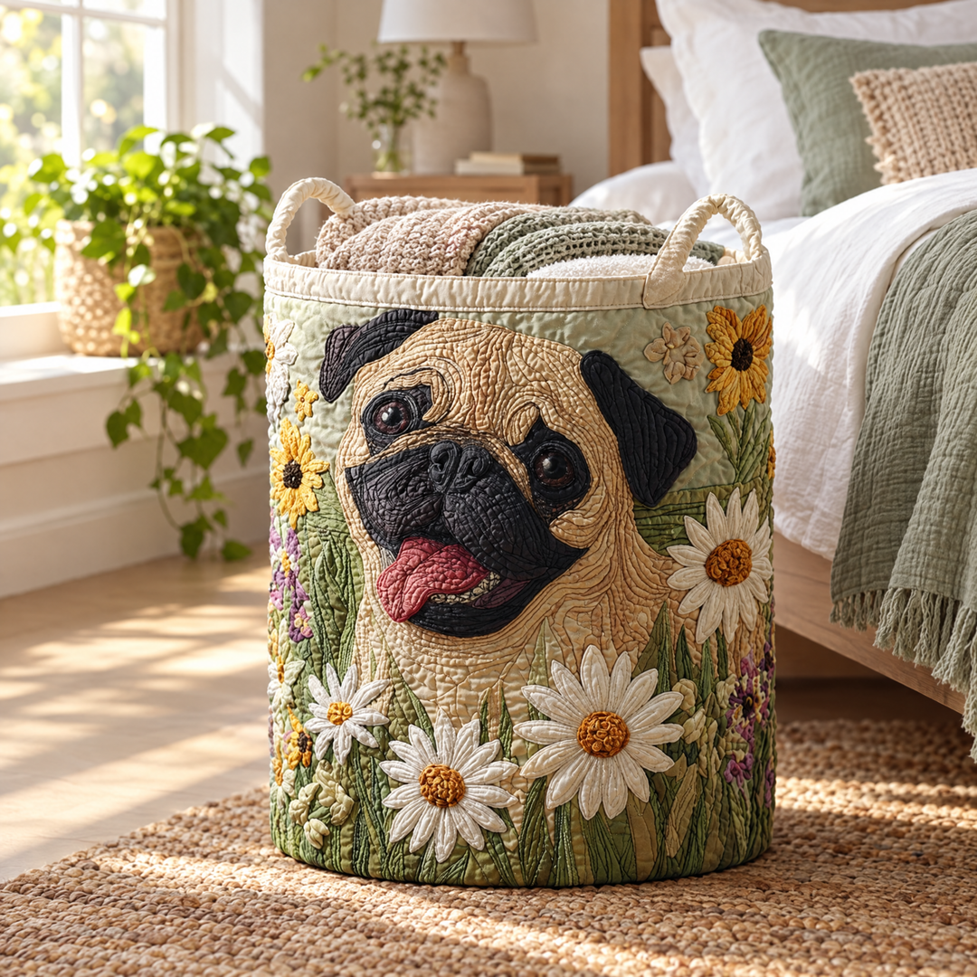 Pug Among the Daisies Quilted Laundry Basket 2