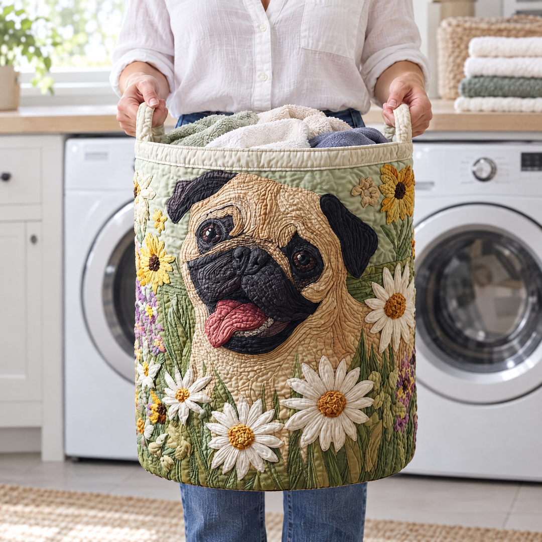 Pug Among the Daisies Quilted Laundry Basket 4